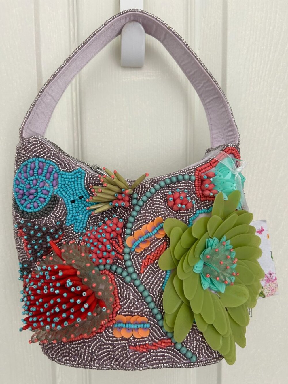 Handcrafted in India Colorful Beaded Bag Snail 3D Flowers Sequins NWT